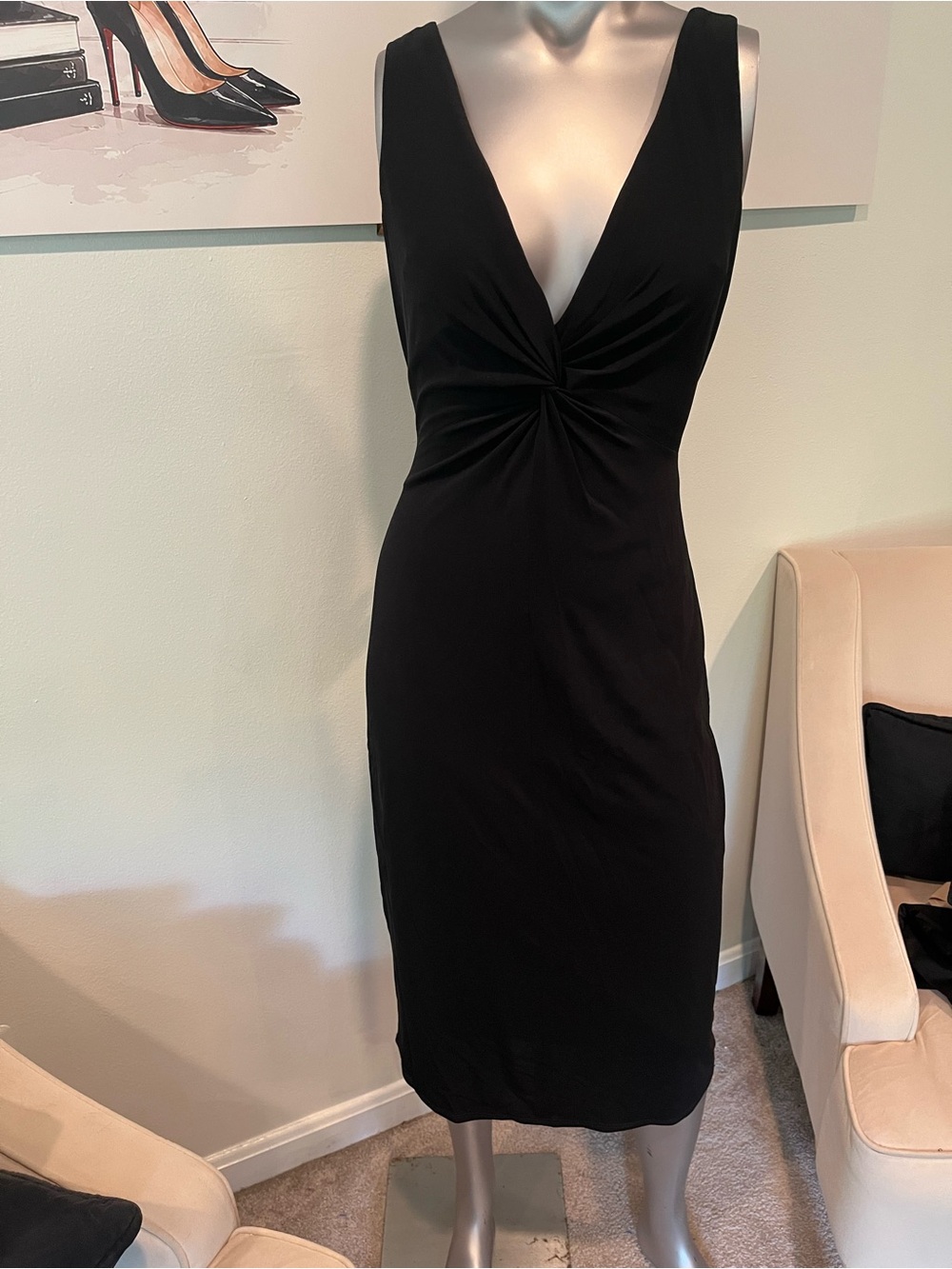 Laundry By Shelli Segal Black V-Neck Twist Midi Dress 10 EUC